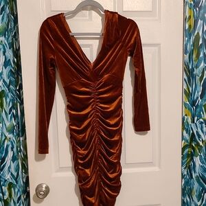 SHEIN Velvet Ruched Dress in Warm Brown